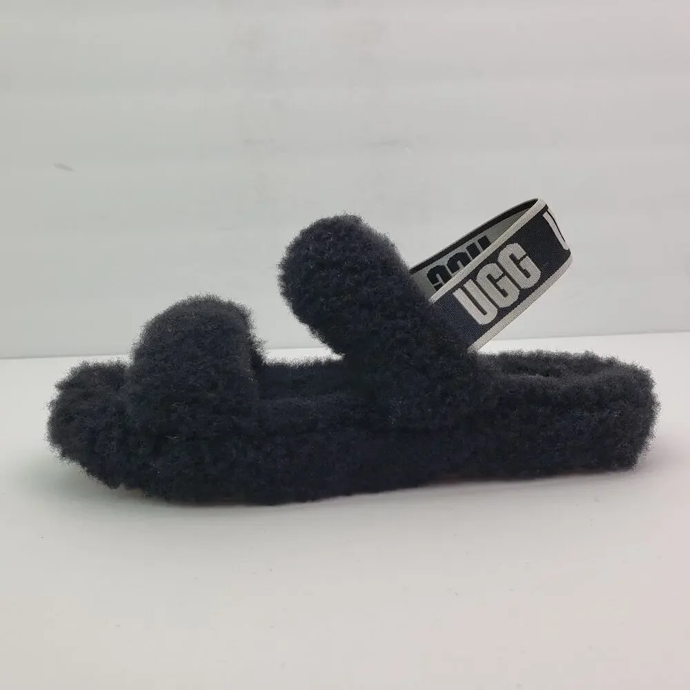 UGG Oh Yeah Girls Size 1Y Black Slip On Fluffy Soft Slipper Sandals 1115752K